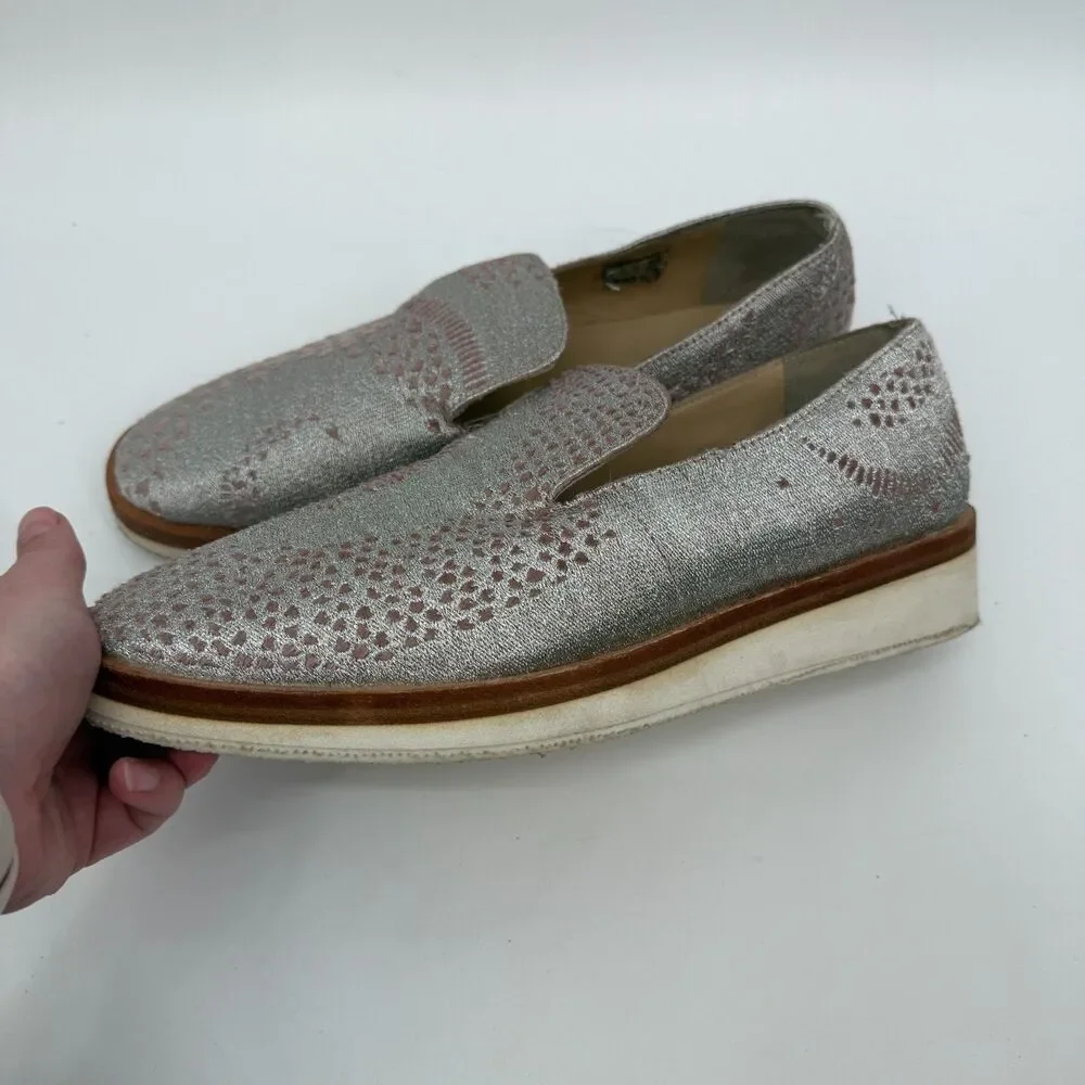 Free People Metallic Knit Loafers Silver Pink Embroidered Shoes Size 40 US 9.5